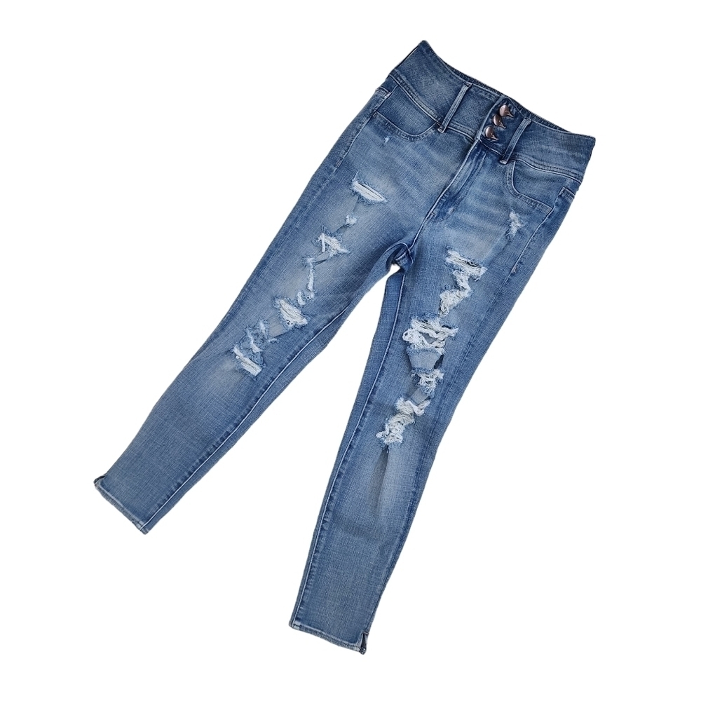 American Eagle Women Distressed Super High Rise Jegging Jeans Size 4 Short Blue.